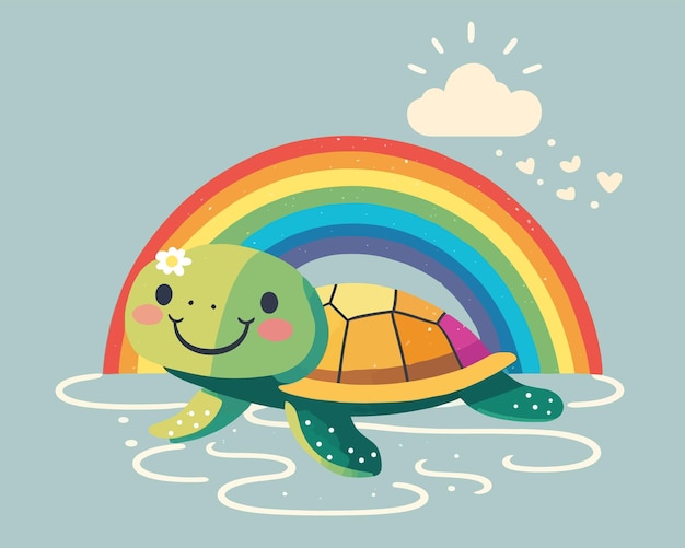 Cute turtle character in a puddle and a rainbow in the sky