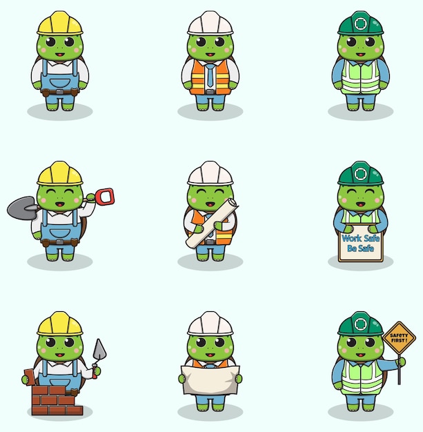 Vettore cute turtle ingegneri lavoratori costruttori personaggi isolati fumetto illustrazione