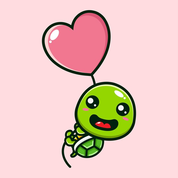 Vector cute turtle flying hugging a love balloon