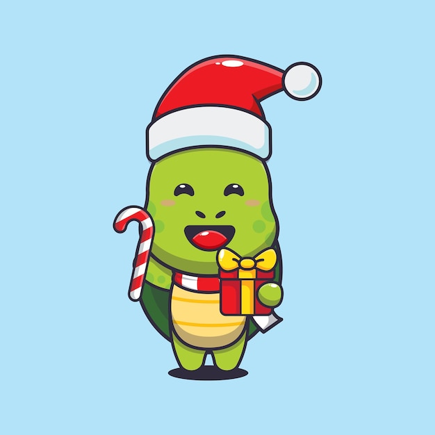 Cute turtle holding christmas candy and gift. Cute christmas cartoon illustration.