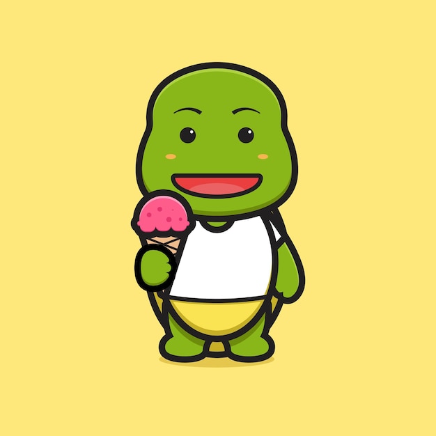 Vettore simpatico personaggio della mascotte della tartaruga che tiene il gelato icona del fumetto. disegno isolato su giallo. stile cartone animato piatto.