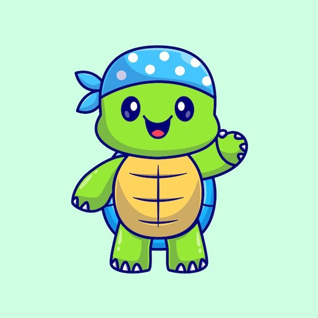 Vector cute turtle pirate waving hand cartoon vector icon illustration. animal holiday icon isolated flat