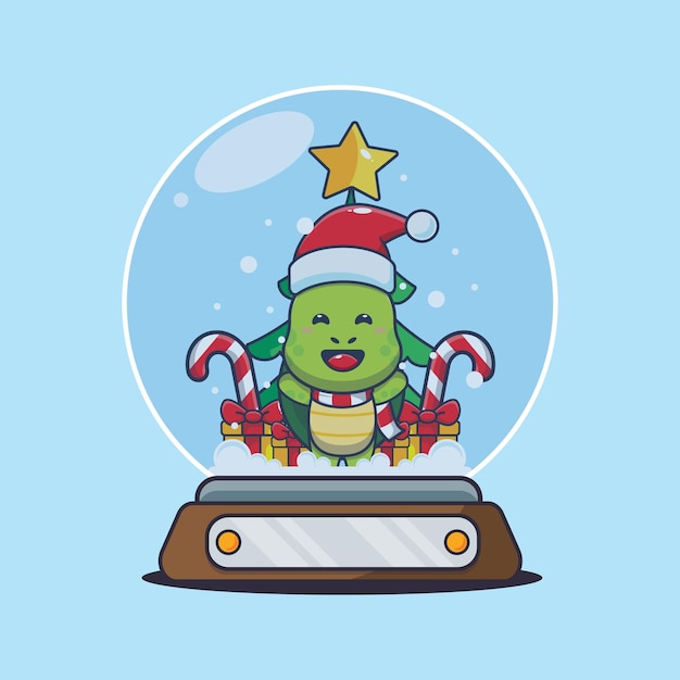 Cute turtle in snow globe. Cute christmas cartoon illustration.