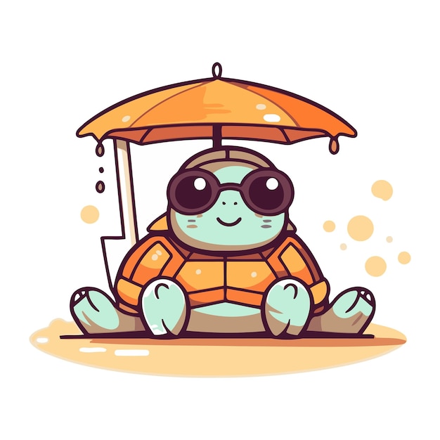 Cute turtle in sunglasses sitting under an umbrella Vector illustration