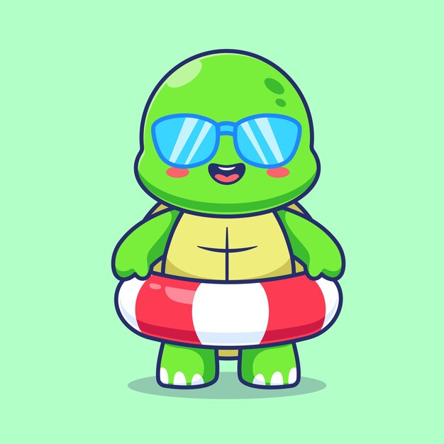 Vector cute turtle wearing swimming tires cartoon vector icon illustration animal holiday isolated flat