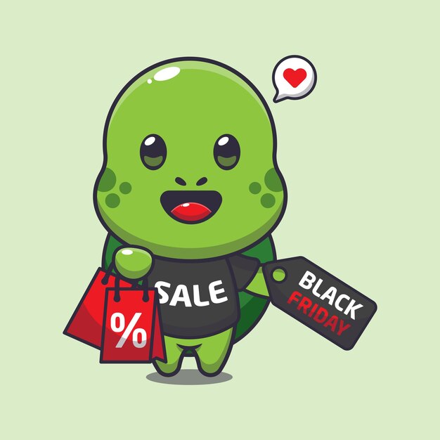 cute turtle with shopping bag and black friday sale discount cartoon vector illustration