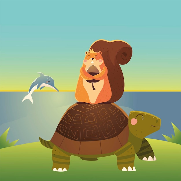 Cute turtle with squirrel and dolphin in the sea cartoon animals  illustration