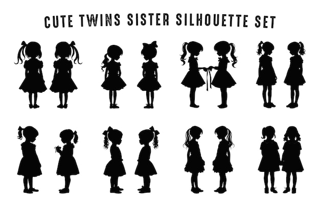 Cute Twins Sisters Silhouette Vector Set Twin Girl Silhouettes black Clipart bundle