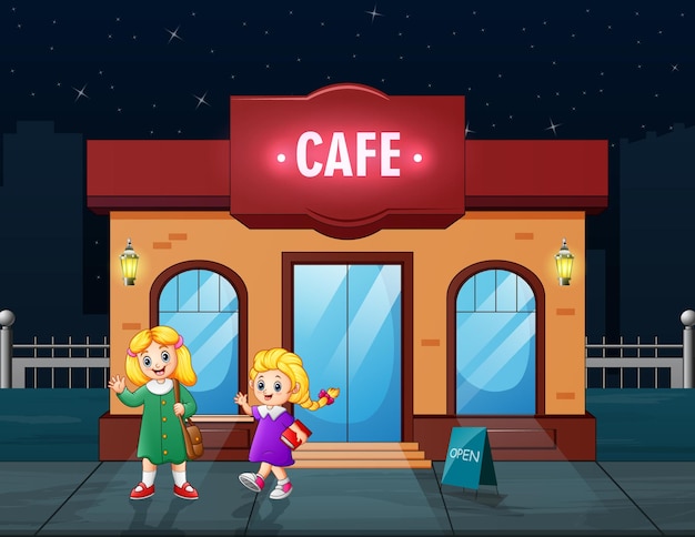 Cute two girls in front the cafe