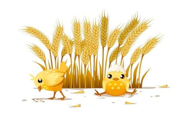 Cute two little chick one chick eat from ground and another sit with hat from egg shell cartoon character design flat vector illustration with wheat ears on background rural scene design