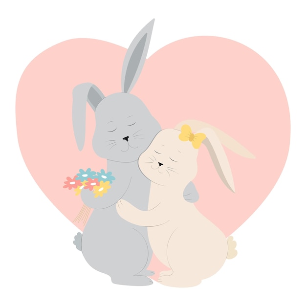 Cute two rabbits are hugging on the background of the heart