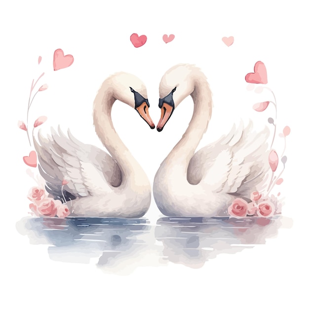 Vector cute two swans cartoon with watercolor painting style