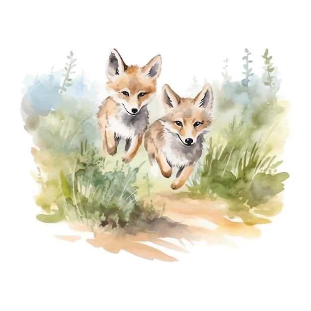 Cute two wolf cartoon in watercolor painting style