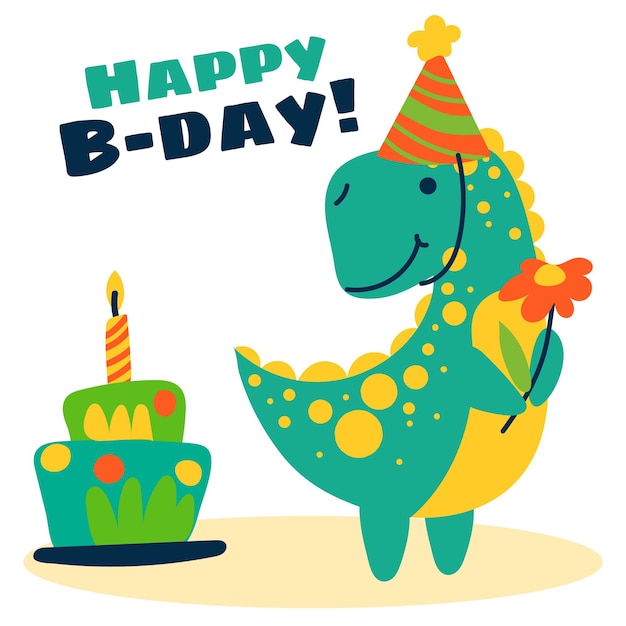 꽃과 케이크를 가진 생일 모자에 귀여운 티라노사우루스 어린이의 평평한 일러스트레이션