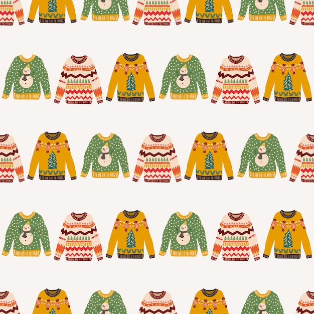 Vector cute ugly sweater christmas seamless pattern warm knitted jumpers with snowflake snowman