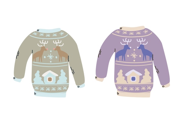 Cute ugly sweater with deer house in winter set