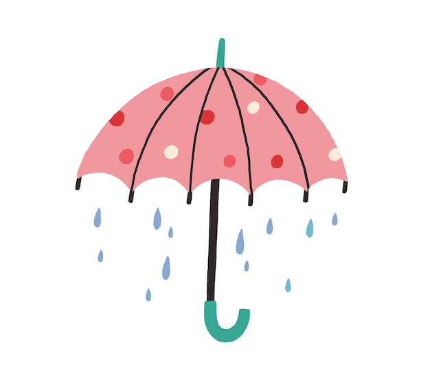 Cute umbrella with falling rain drops in doodle style Kids colored flat vector illustration