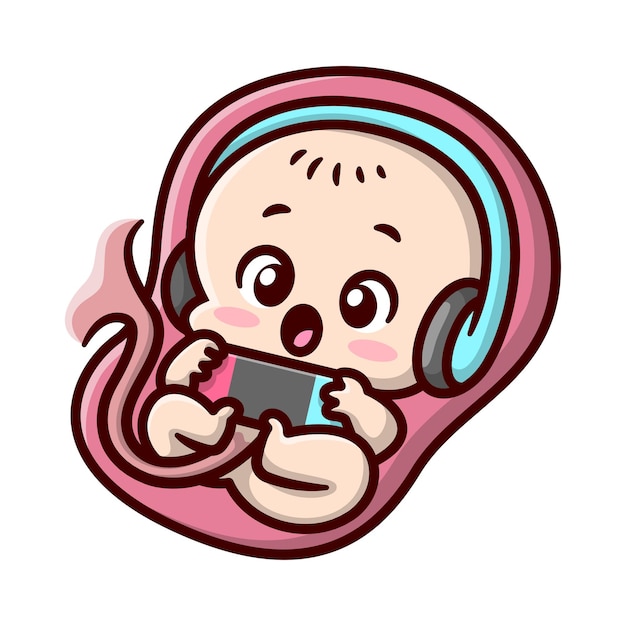 귀여운 태어나지 않은 아기가 게임을 하고 있고 그의 엄마 자궁 만화 삽화에서 헤드폰을 끼고 있습니다.