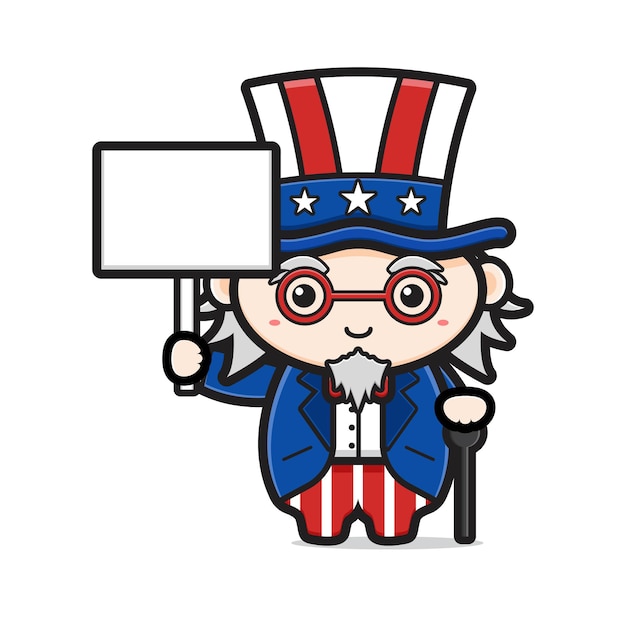 Cute uncle sam holding blank text celebrate america independence day cartoon icon illustration