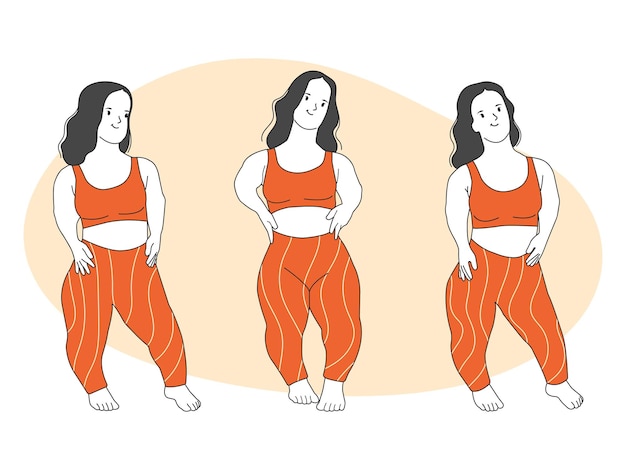 Vector cute undersized woman standing in sportswear. girl midget.