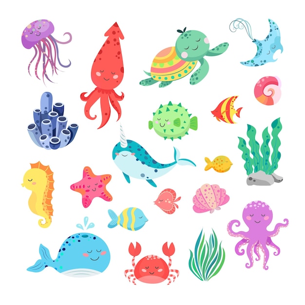 Cute underwater animals fish seahorse jellyfish and octopus Cartoon set of marine characters