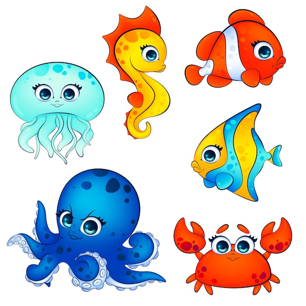 Vettore cuti underwater world characters vector clip art set vibrante e amichevole set di personaggi carini e colorati degli abitanti del mondo sottomarino in stile cartone animato su uno sfondo isolato