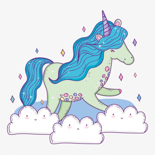 Cute unicorn animal with hair in the clouds