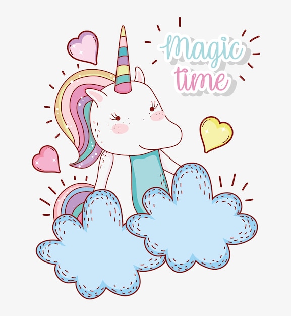 Cute unicorn animal with hearts in the clouds