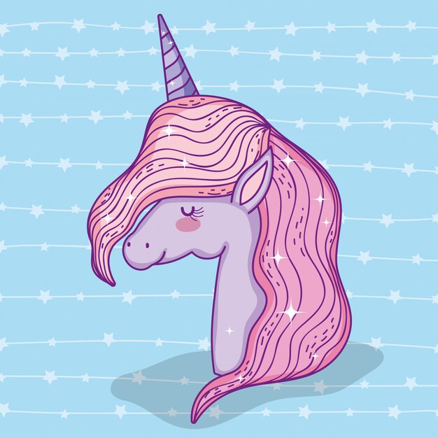 Cute unicorn animal with mane and horn