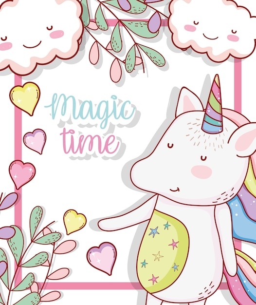 cute unicorn animal with plants leaves