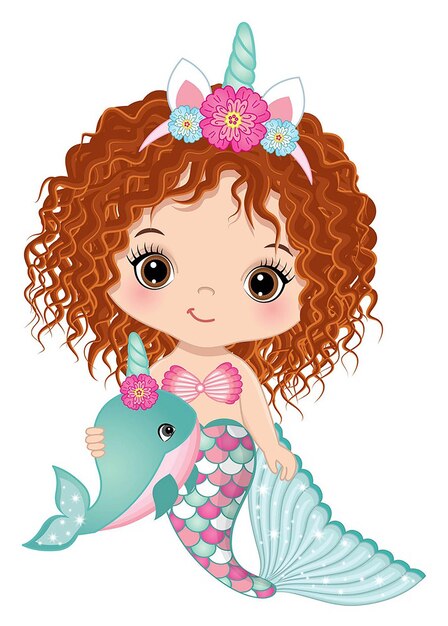 Vector cute unicorn baby mermaid holding whale