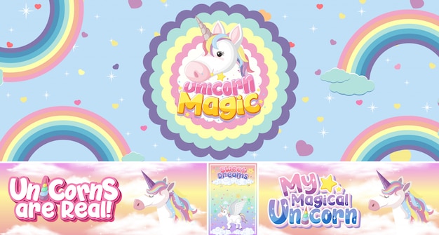 Banner di unicorno carino sul colore di sfondo pastello