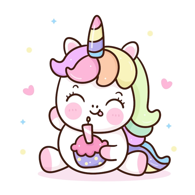 Vettore simpatico unicorno torta di compleanno cartone animato kawaii animale