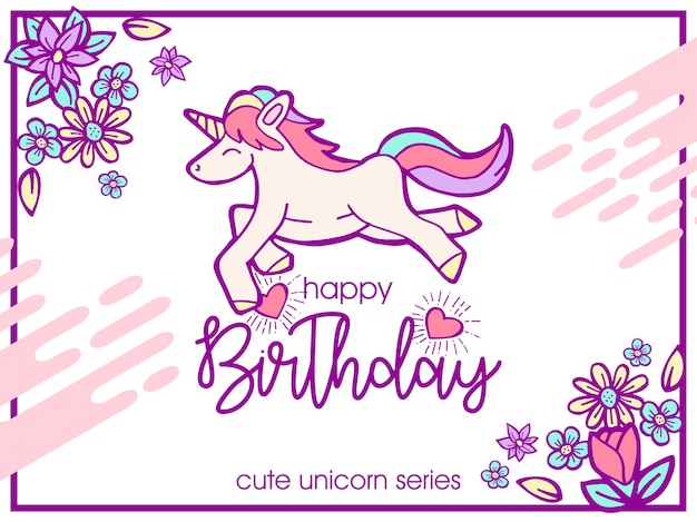 Vettore illustrazione di auguri di compleanno unicorno carino