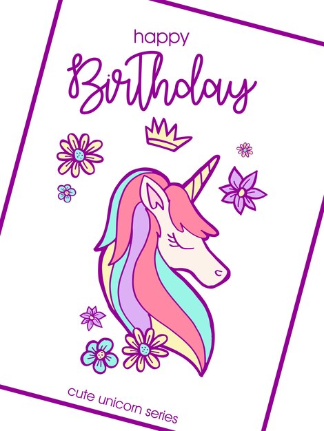 Vector cute unicorn birthday greeting illustration