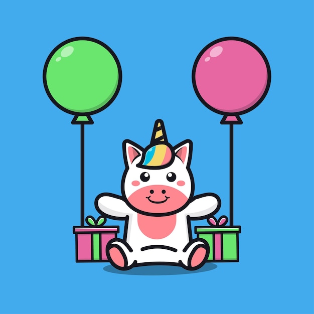 Festa di compleanno di unicorno carino con illustrazione di cartone animato regalo e palloncino