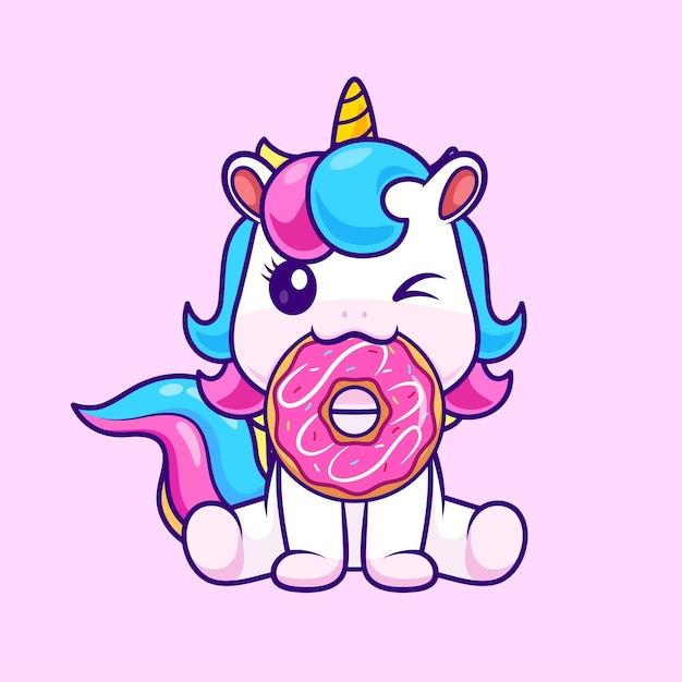 Cute Unicorn Bite Donut Cartoon Vector Icon Illustration. Animal Food Icon Concept Isolated Premium