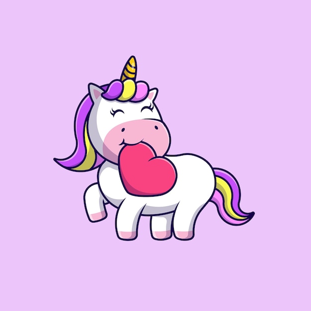 cute unicorn bite love heart cartoon vector icons illustration