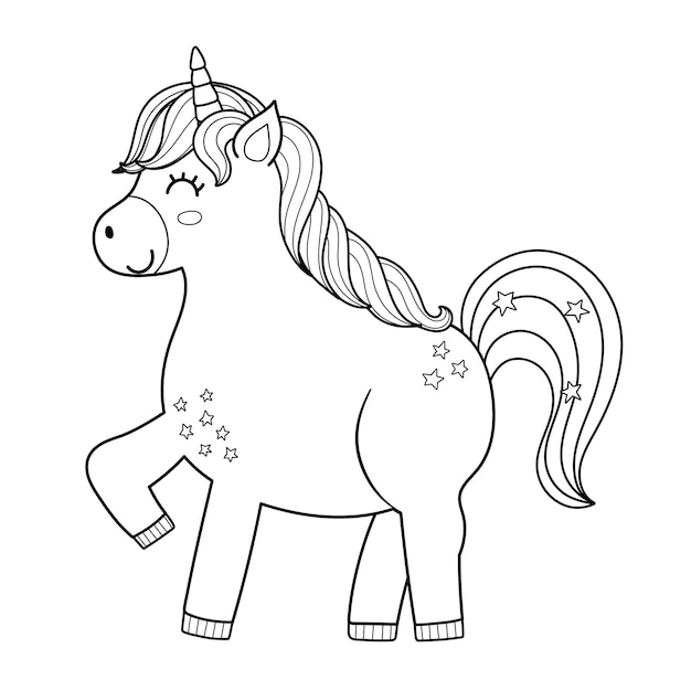 Cute unicorn black and white character for coloring page Beautiful fairy tale animal