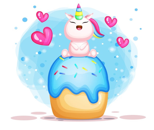 Cute unicorn on cake illustration cartoon