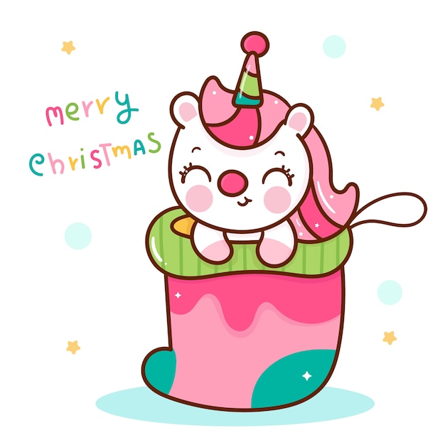 Cute unicorn cartoon in christmas sock kawaii animal