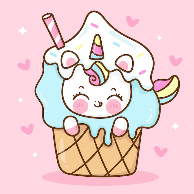 Simpatico cartone animato unicorno mangia dolce gelato kawaii animale