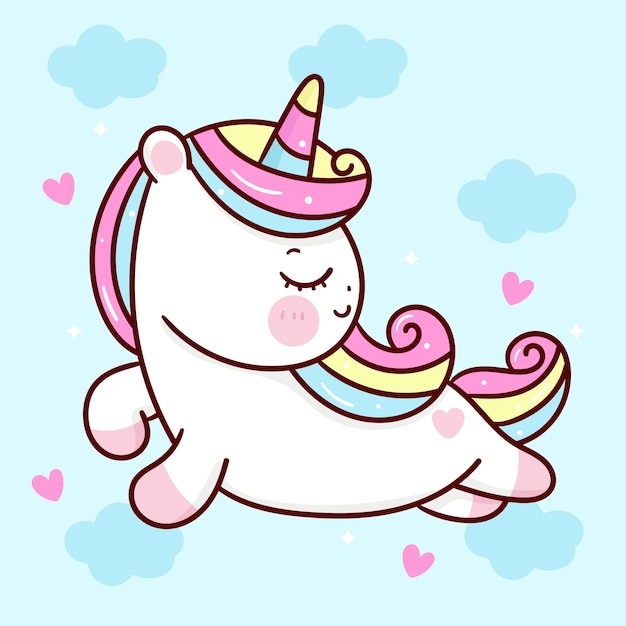 Cute unicorn cartoon fly on sky kawaii animal