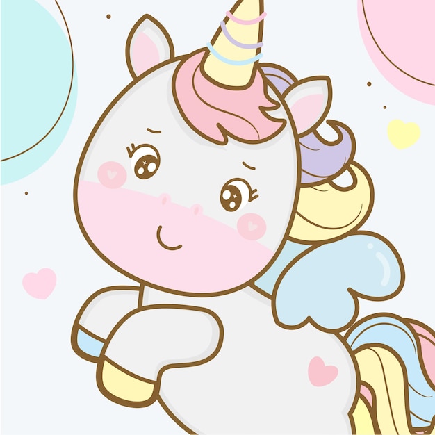 Cute unicorn cartoon flying in kawaii style