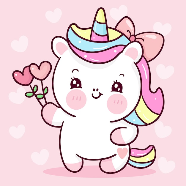 Fumetto sveglio dell'unicorno che tiene il fiore del cuore per l'animale di kawaii di giorno di biglietti di s. valentino