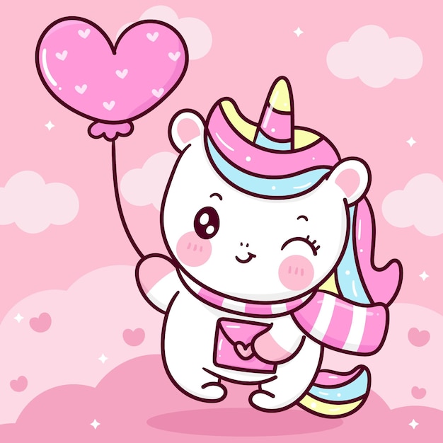 cute unicorn cartoon holiding heart balloon and love letter valentines day kawaii animal
