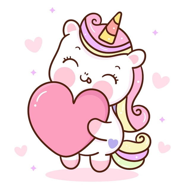 Simpatico cartone animato unicorno abbraccio amore cuore kawaii animale