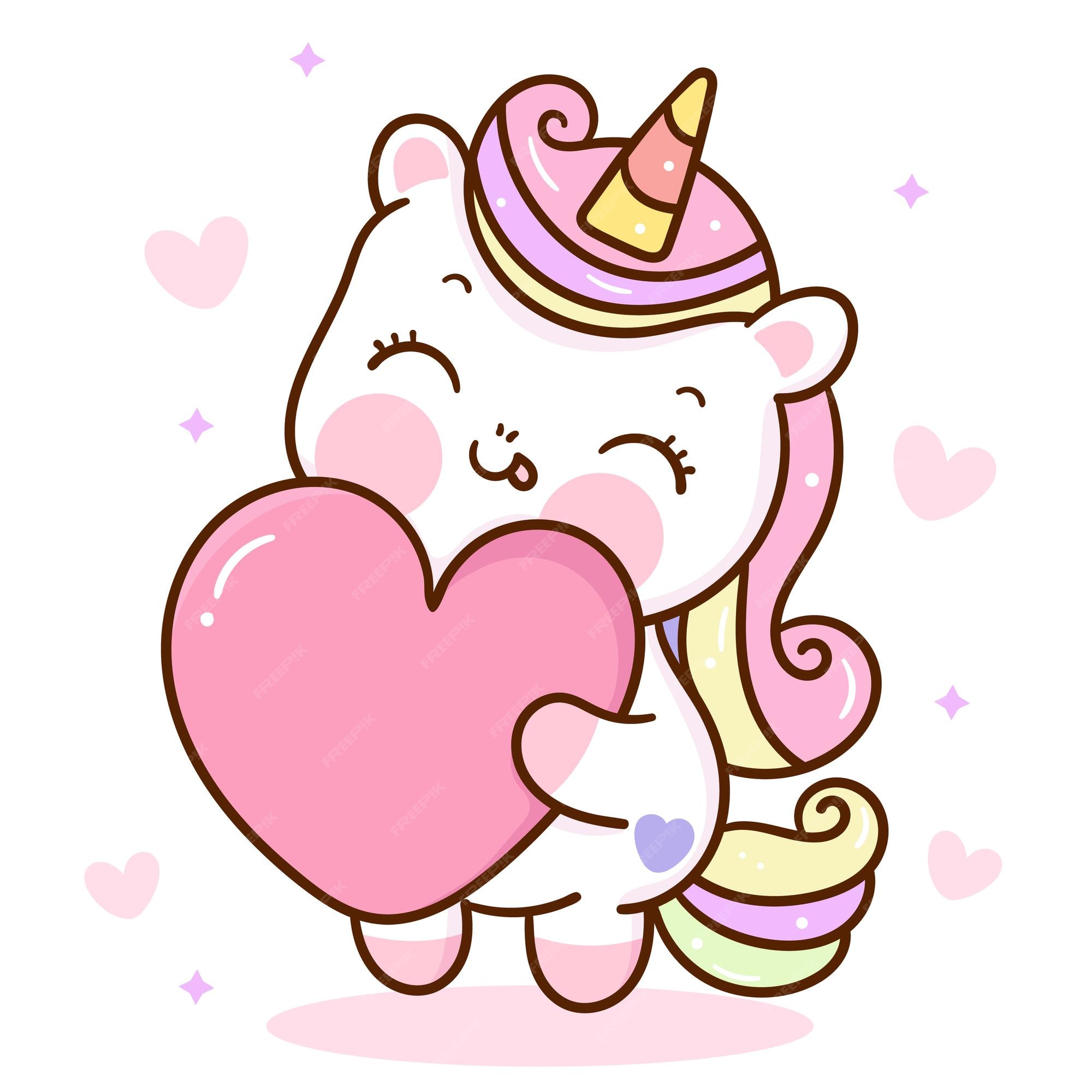 Premium Vector | Cute unicorn cartoon hug love heart kawaii animal