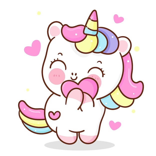 Vector cute unicorn cartoon hug sweet heart love character kawaii animal