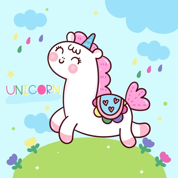 Animale di kawaii del fumetto unicorno carino con sfondo dolce